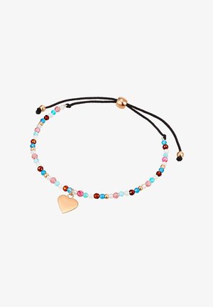 Reguliuojama apyrankė su daugiaspalviais karoliukais: rožinės, mėlynos ir skaidrios spalvos, su metaliniu širdelės pakabuku ir juodu reguliuojamu virvele.