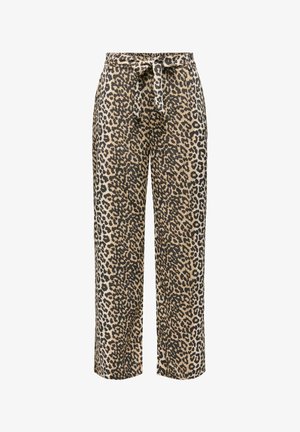 Bežides ja mustades lõvikujulistes trükipükstes on vööümbrisega seotav nöör, lahtine lõige ja sirge säär. Valmistatud kerge kangaga.