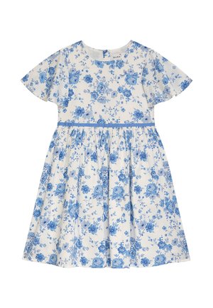 Geblümtes Kleid mit blau-weißem Muster, kurzen Ärmeln, rundem Ausschnitt und tailliertem Schnitt. Der Stoff hat eine gerippte Textur.