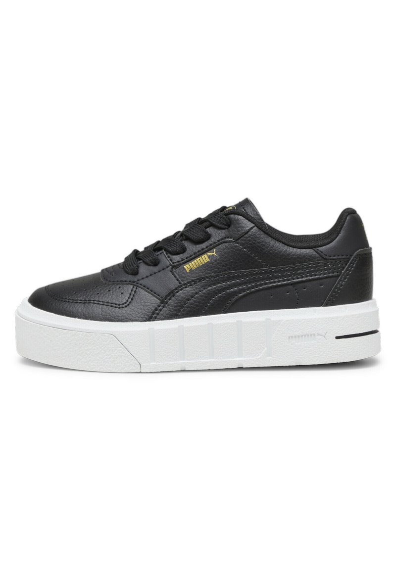 Black leather sneaker with a white textured platform sole, featuring a lace-up design and gold logo detail on the side.