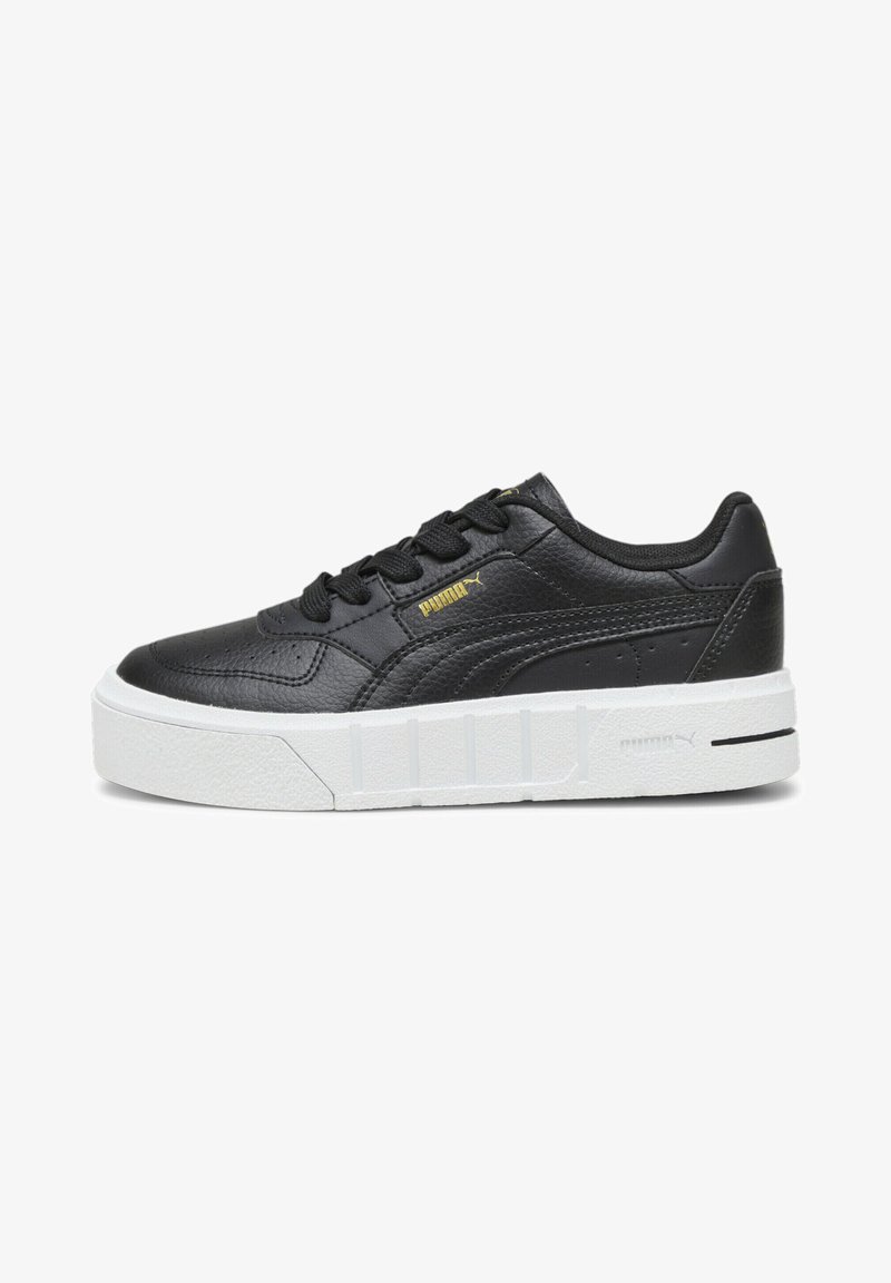 Black leather sneaker with a white textured platform sole, featuring a lace-up design and gold logo detail on the side.