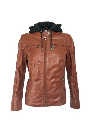 Brown leather jacket with front zipper, two zippered chest pockets, side pockets, and attached black hood with drawstrings.