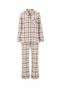 Geruite pyjamastel in wit en bordeauxrood. Langsleeve top met kraag en zak, bijpassende broek met rechte pijpen, gemaakt van katoen.