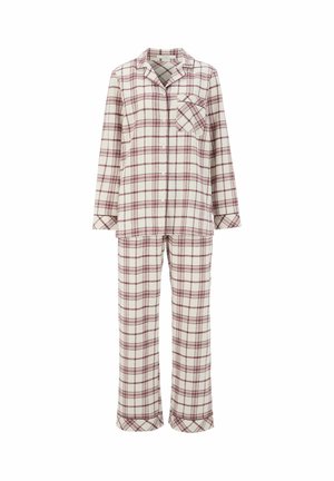 Rutet pyjamasæt i hvid og burgunder. Langærmet top med krave og lomme, matchende bukser med lige ben, lavet af bomuldsstof.