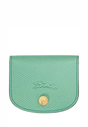 Teal leather cardholder with a textured finish, featuring a gold-tone logo snap closure and a raised logo detail on the front.