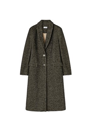 Dłgi czarnobiały płaszcz w kratę houndstooth z textured tkaniny, z wyciętym kołnierzem, dwoma przednimi kieszeniami i dwoma guzikami.