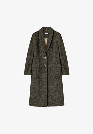 Manteau long en pied-de-poule noir et blanc en tissu texturé, avec un col cranté, deux poches avant et deux boutons.