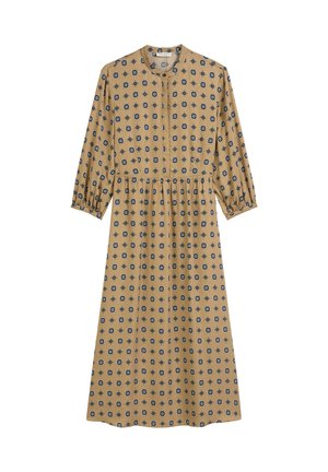 Long-sleeved, mustard-colored dress with a round neckline and gathered waist, featuring a black geometric pattern throughout.