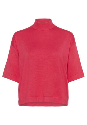 Pull à col montant à manches courtes de couleur corail vif. Fabriqué en tissu doux et léger avec une coupe décontractée et un ourlet droit.