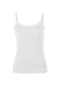 Hvid camisole-top med blondetrimning langs halsudskæringen, justerbare spaghettistropper, blød stoftekstur og et lille guldlogo nær kanten.