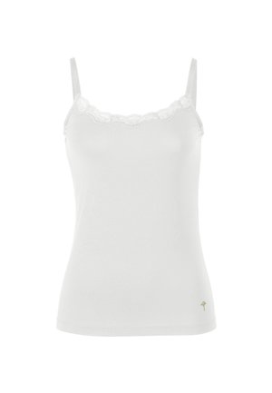 Top a canottiera bianco con rifinitura in pizzo lungo la scollatura, spalline sottili regolabili, tessuto morbido e piccolo logo dorato vicino all'orlo.