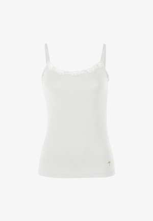 Haut camisole blanc avec bordure en dentelle le long de l'encolure, bretelles spaghetti réglables, texture de tissu doux et petit logo doré près de l'ourlet.