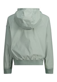 Vihreä vaaleanvihreä lyhyt takki, jossa on huppu, elastiset hihansuut ja helma. Valmistettu sileästä kankaasta, jossa on yksinkertainen, minimalistinen muotoilu.