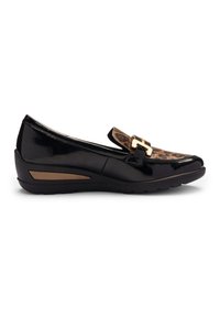 Black patent leather slip-on shoe with leopard print upper, gold buckle detail, and low wedge sole.