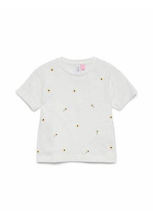 White short-sleeve t-shirt with small embroidered yellow and brown sunflowers scattered across the front.