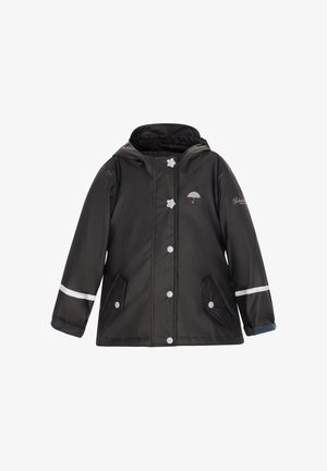 Juodas vandeniui atsparus džemperis su kepure, baltos spalvos spaustukai, atspindinčios juostos ant rankovių ir skėčio logotipas ant krūtinės. Lygus paviršius.