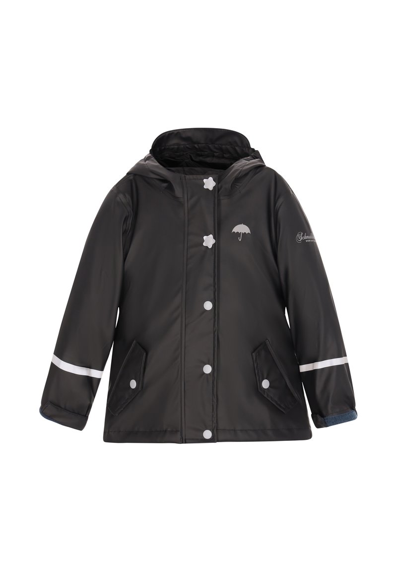 Juodas vandeniui atsparus džemperis su kepure, baltos spalvos spaustukai, atspindinčios juostos ant rankovių ir skėčio logotipas ant krūtinės. Lygus paviršius.