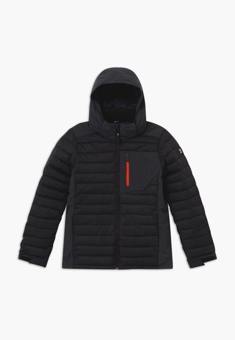 Veste matelassée noire à capuche avec manches matelassées, fermeture éclair à l'avant et poche poitrine zippée rouge, posée à plat sur fond blanc.