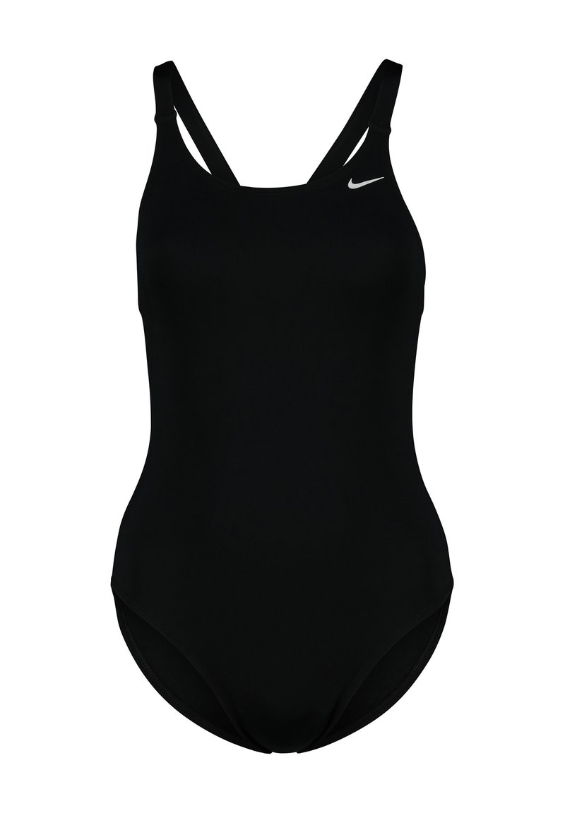 Maillot de bain une pièce noir avec un design élégant et extensible. Équipé de fines bretelles réglables et d'un petit logo argenté sur la poitrine.
