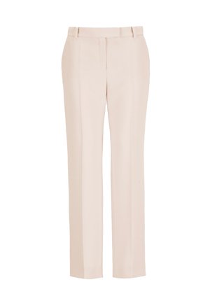 Svetlo bež hlače po meri s krojem z ravnimi nogavicami, gubami spredaj in gladko teksturo. Imajo diskretne stranske žepke.