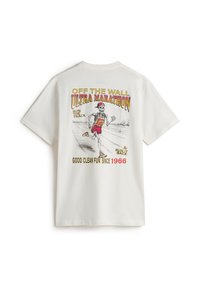 T-shirt in cotone bianco con una grafica colorata di uno scheletro che corre in pantaloni corti, con la scritta "OFF THE WALL ULTRA MARATHON" sopra.