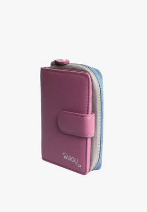 Portafoglio compatto in pelle rosa con una cerniera testurizzata blu e grigia, dotato di chiusura a scatto e un logo discreto sul fronte.