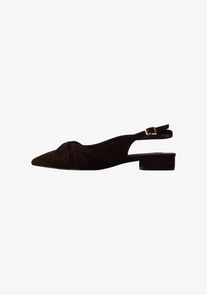 Black suede slingback shoe with low block heel, pointed toe, ruched detail, and gold buckle strap.