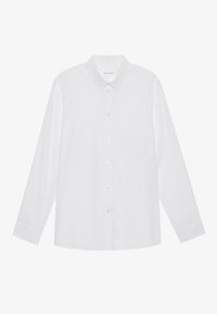 Witte blouse met lange mouwen van gladde katoen, voorzien van een klassieke kraag, knoopsluiting aan de voorkant en manchetten met één knoop. Eenvoudig ontwerp, zonder patronen.