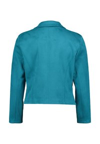Teal faux suede jack met een gestructureerd ontwerp, reverskraag en zichtbare stiksels. De achterkant toont een getailleerde pasvorm en lange mouwen.