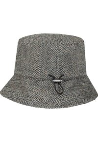 Houndstooth-mønstret bøttehat i grå og beige uld, med en sort togglesnor til justering på siden og en bred, fleksibel skygge.