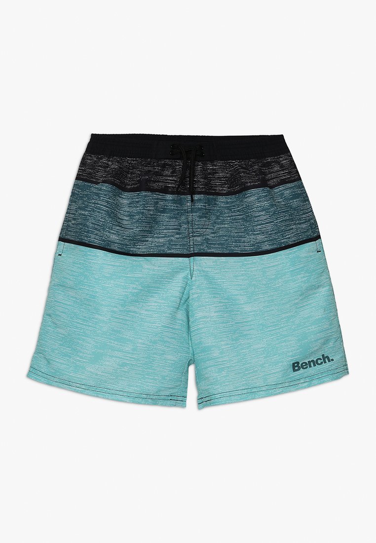 Türkise Schwimmshorts mit schwarzen und dunkelblauen horizontalen Streifen, ausgestattet mit einem Kordelzugbund und einem "Bench."-Logo unten rechts.