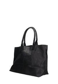 Sac fourre-tout en cuir noir avec deux longues poignées, une surface texturée et des coutures bleues contrastantes le long de la couture centrale.