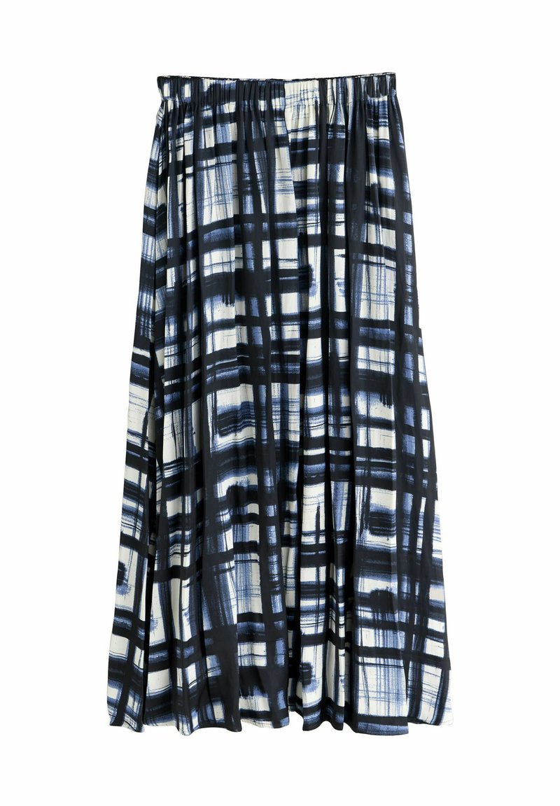 Zwart-wit geruite geplooide rok met een elastische tailleband, midi-lengte en luchtige stof op een witte achtergrond.