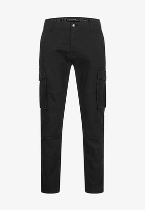 Czarne spodnie cargo wykonane z bawełny, o dopasowanym kroju, z wieloma bocznymi kieszeniami i przeszytymi akcentami na nogawkach.