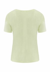 Světle zelené tričko s krátkým rukávem, kulatým výstřihem a mírně volným střihem. Hladký povrch, bez viditelných vzorů nebo kovových prvků.
