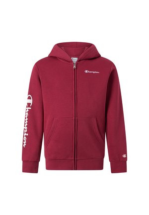 Rode hoodie met ritssluiting en Champion-logo op de borst, linker mouw en rechter manchet, met voorzakken en capuchon.