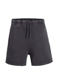 Schwarze Shorts mit elastischem Bund und Kordelzug, einfach genäht, vor einem weißen Hintergrund präsentiert.