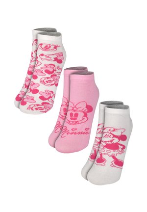 Drei Paar Knöchelsocken mit pinken Minnie-Maus-Designs, darunter Gesichter und Ganzkörperbilder, in weißen und pinken Farbvarianten.