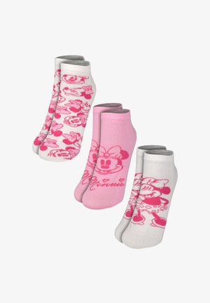Drei Paar Knöchelsocken mit pinken Minnie-Maus-Designs, darunter Gesichter und Ganzkörperbilder, in weißen und pinken Farbvarianten.