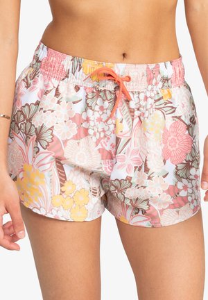 Blommiga badshorts i rosa, gula och bruna nyanser; har resårmidja med dragsko; tillverkade av lättviktig tyg.