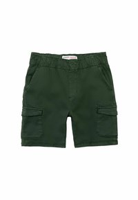 Pantaloni cargo verdi con vita elastica, dotati di due tasche laterali e una tasca cargo, realizzati in tessuto leggero.