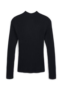 Schwarzer, langärmeliger, gerippter Strickpullover mit Stehkragen, schmaler Passform und strukturiertem vertikalen Rippenmuster, flach auf weißem Hintergrund ausgelegt.