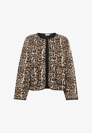 Leopardprint gewatteerde jas met een ronde hals, zwarte bies en twee vozakken; heeft een zachte, gestructureerde oppervlakte.