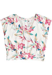 Blouse blanche à manches courtes avec imprimé floral tropical rose, orange et bleu sarcelle, col en V, froncée à la taille.