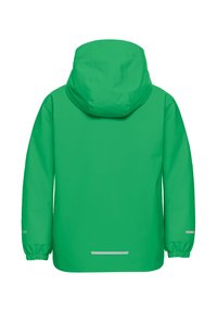 Grüne wasserdichte Jacke mit Kapuze, elastischen Bündchen und reflektierenden Akzenten auf dem Rücken für Sichtbarkeit. Glatte Textur und nahtloses Design.