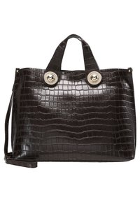 Sac cabas en cuir synthétique effet croco noir, doté de deux poignées supérieures et d'accents métalliques circulaires. Surface texturée avec une finition brillante.