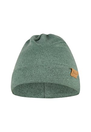 Green knitted beanie made of soft fabric, with a simple design. Features a small brown leather tag on the side for branding.