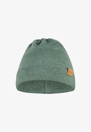 Green knitted beanie made of soft fabric, with a simple design. Features a small brown leather tag on the side for branding.