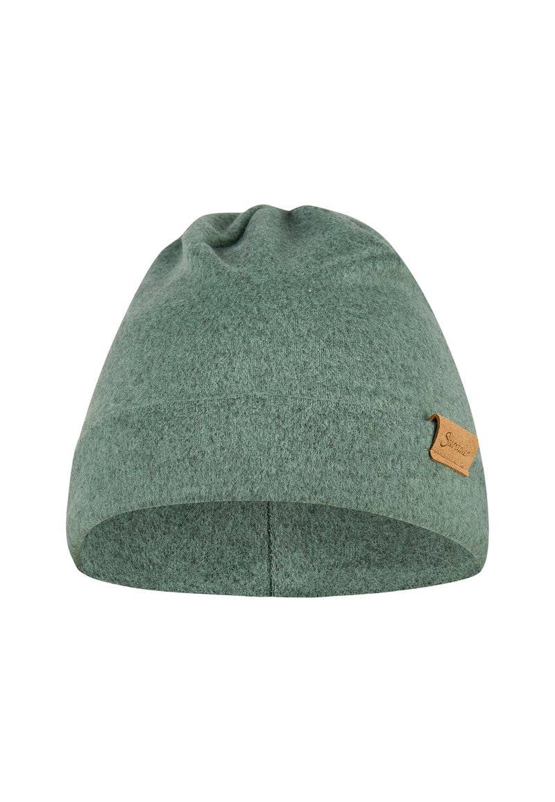 Green knitted beanie made of soft fabric, with a simple design. Features a small brown leather tag on the side for branding.