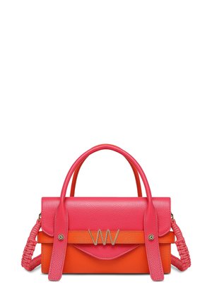 Two-tone handbag in textured pink and orange leather. Features dual handles, braided shoulder strap, and metallic logo accent. Compact design.